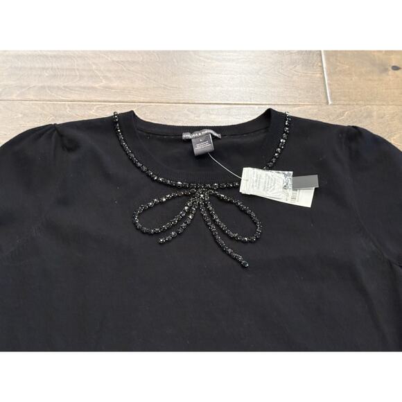 Chelsea & Theodore Womens Black Bow Tie Fixture Short Sleeve Shirt L NWT $68 - Picture 4 of 8